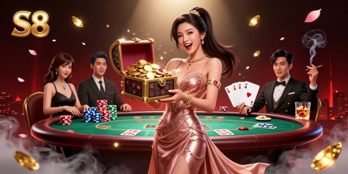 Experience the vibrant S8 casino scene with golden treasures and poker excitement.
