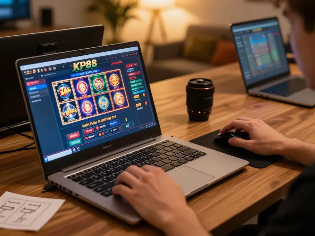 KP88 online gaming experience showcasing a player engaged with dynamic casino interface and warm ambient lighting.