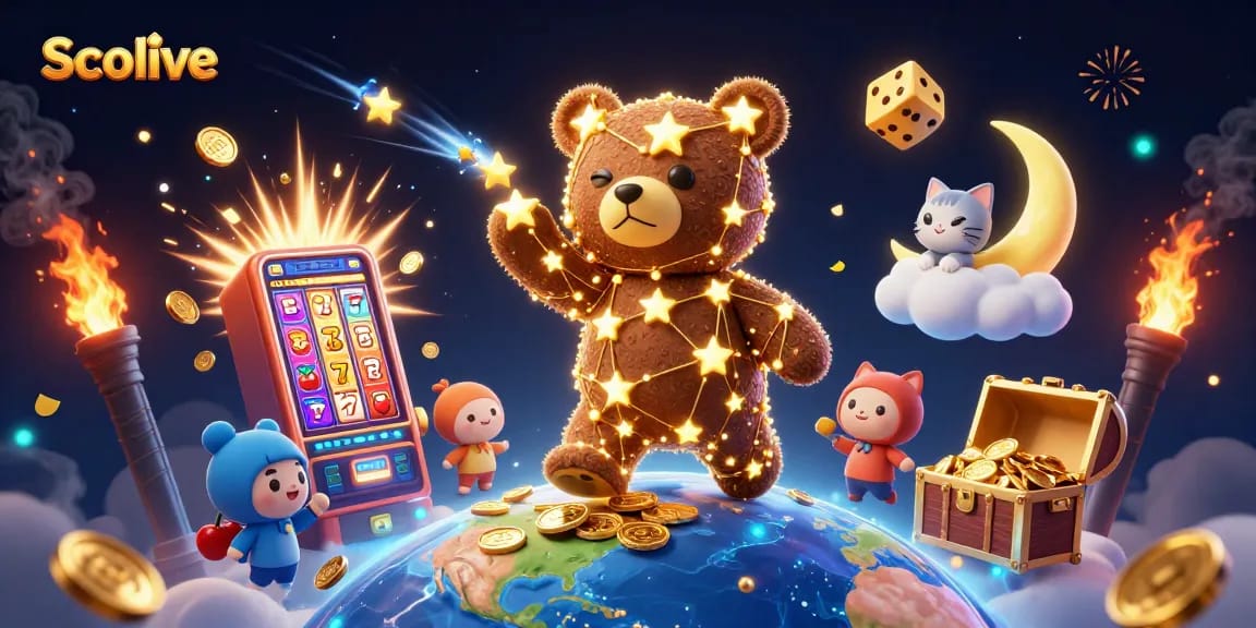 Socolive immerses gamers in a dynamic 3D casino scene surrounded by golden slot machines and playful characters.