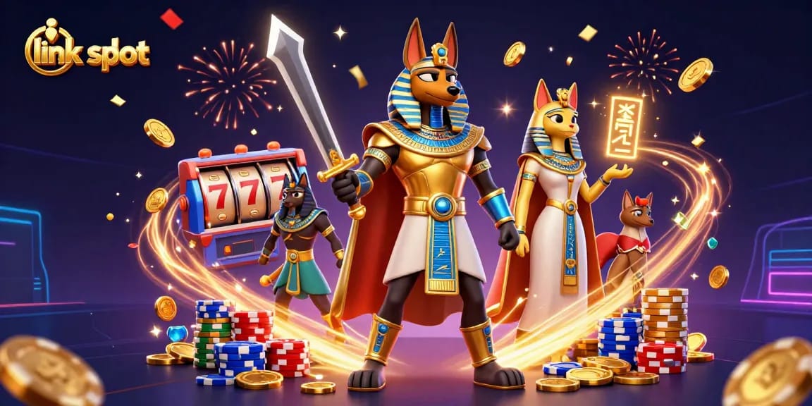 Experience the excitement of link slot gaming with Anubis and Bastet, dynamic casino elements in a lively scene.