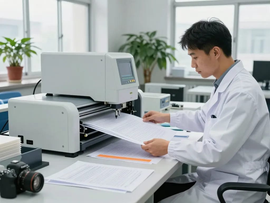 Bóc ép plastic process with technician using advanced equipment in a modern workshop, showcasing document recovery expertise.
