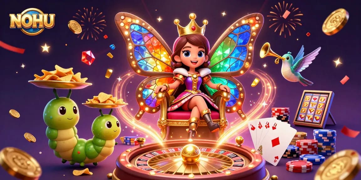 Experience the magic of NOHU with a vibrant 3D scene of a butterfly queen and casino elements in action.