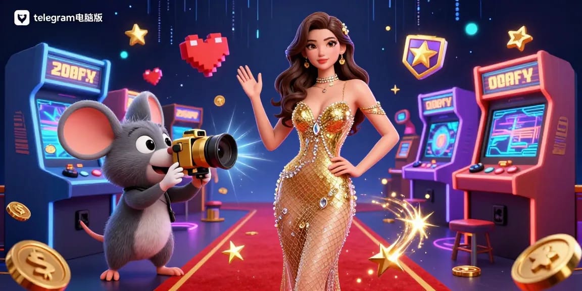 体验激动人心的时刻，使用telegram电脑版，展现一位魅力女性和充满活力的红地毯上的游戏兴奋。