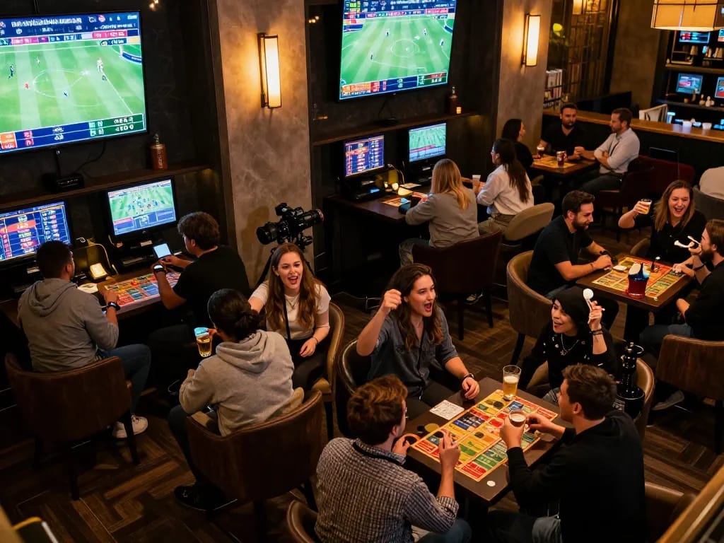 Kèo nhà cái enthusiasts engaging in live sports betting at a vibrant lounge with screens displaying odds.