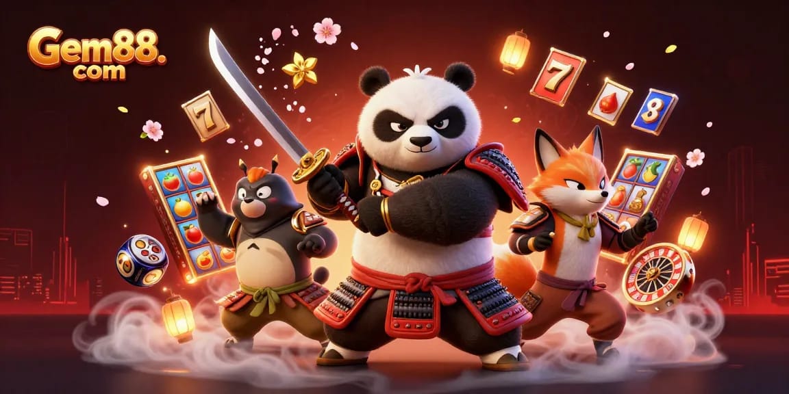 Engage with exciting games at Gem88. com featuring a panda samurai and magical elements in a captivating casino scene.