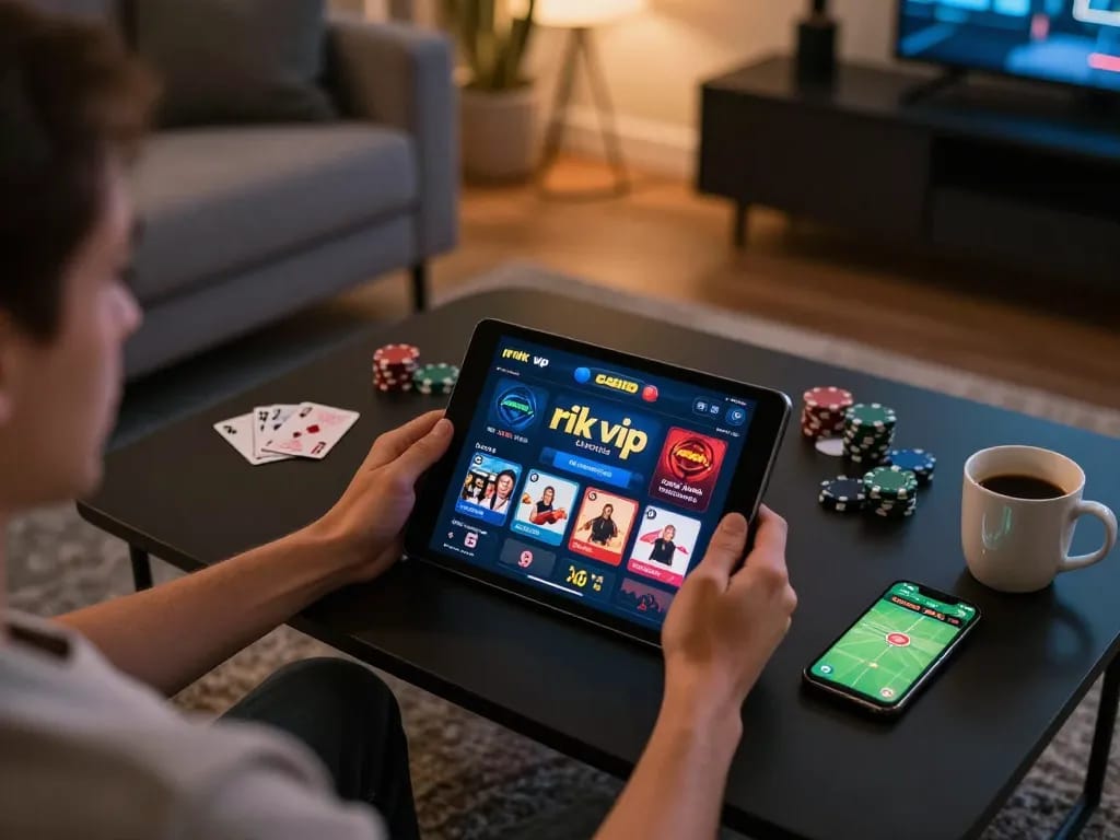 Player engaging with the rik vip app during a casual home gaming session, showing excitement and strategy
