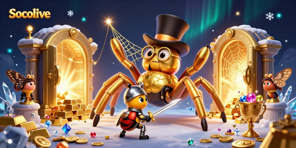 Socolive showcases a captivating scene with a golden tarantula and a beetle knight amidst a rich casino theme.