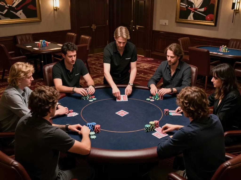 Engaging scene of players at a high-stakes poker table highlighting nhà cái uy tín nhất hiện nay with strategic gameplay.