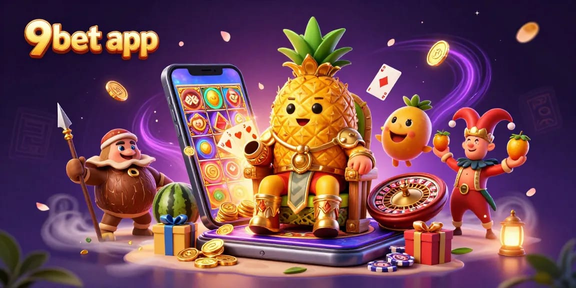 Engage with the vibrant 9bet app featuring a whimsical golden pineapple king in a rich casino scene.