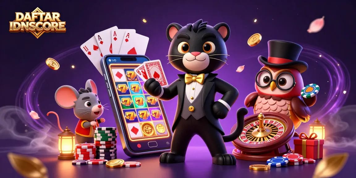 Engage in DAFTAR IDNSCORE with a stylish black panther dealing cards amid vibrant casino elements.