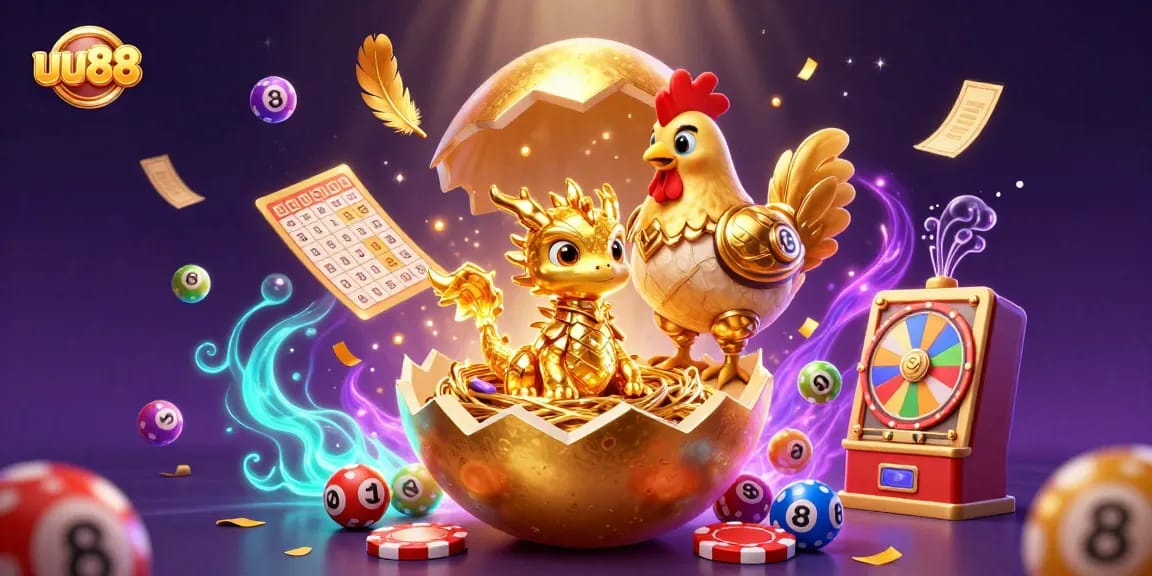 uu88 showcases an exciting moment with a golden dragon amidst vibrant lottery elements.