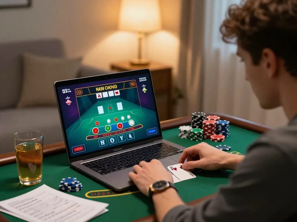 Player engaging in an online xx88 blackjack game at home with chips and strategy notes.