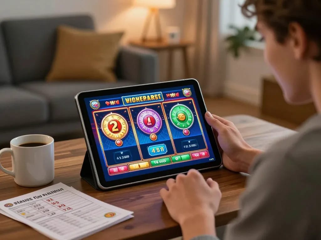 Player enjoying slot gacor gaming on a tablet at home, highlighting strategic engagement and cozy atmosphere.