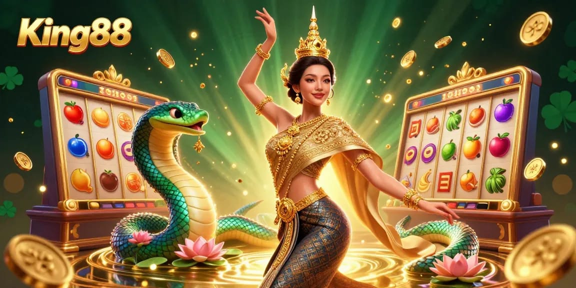 Win big with King88's unique slots in this vibrant, detailed digital illustration showcasing a traditional Thai dancer among dynamic gaming elements.