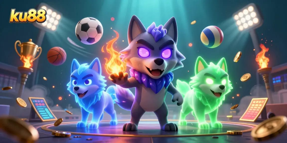 Experience thrilling gameplay with ku88, showcasing a mystical wolf and dynamic sports elements.