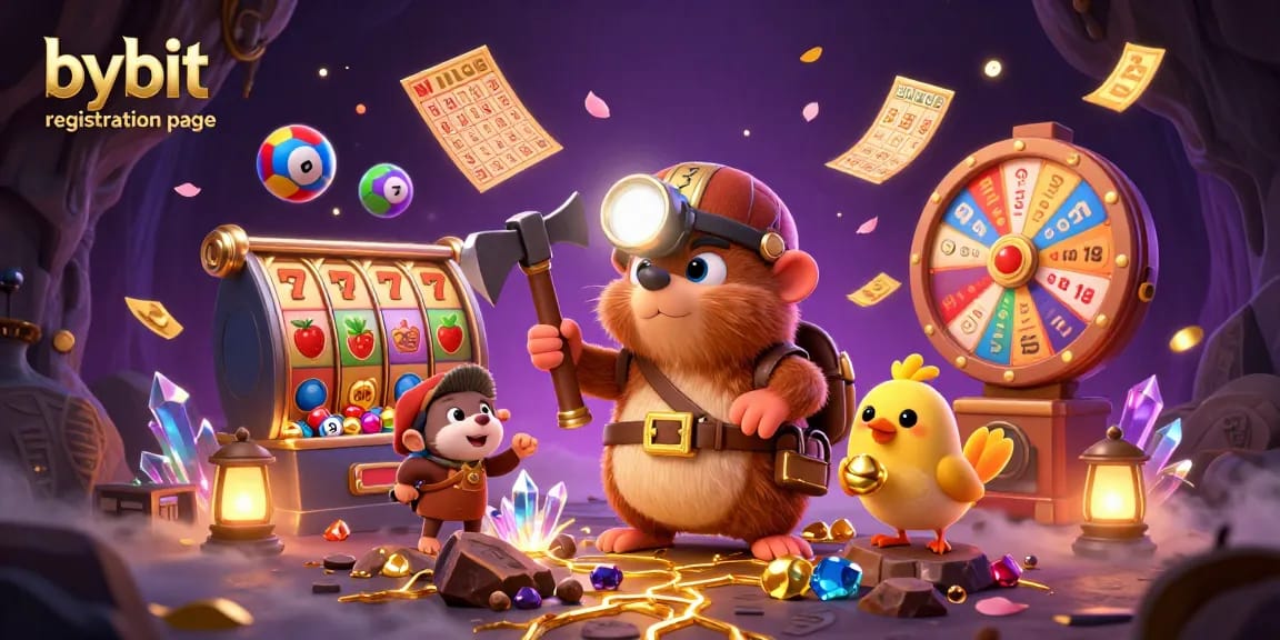 Experience the excitement of the bybit registration page with a treasure hunter amidst slots and vibrant game elements.