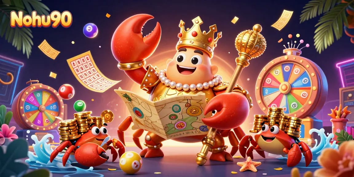 Experience Nohu90's vibrant casino scene with a golden crab emperor promoting exciting games and jackpots.