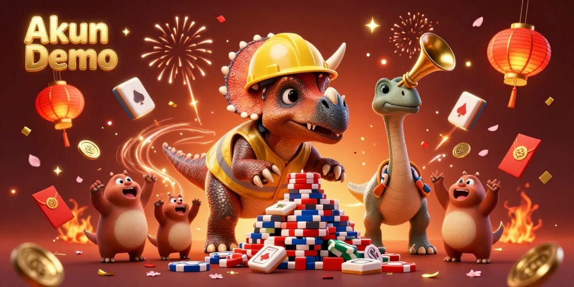 Akun Demo showcases the thrilling experience of gaming with a cartoon triceratops and friends celebrating around poker chips.
