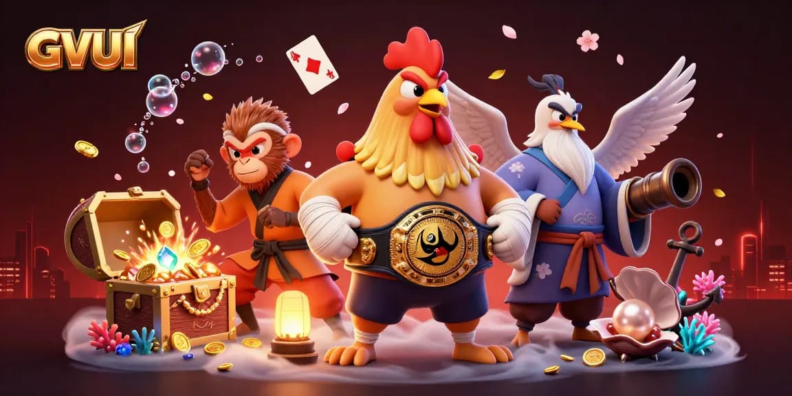 Experience thrilling gameplay with GVUI at a dynamic casino scene featuring martial characters and underwater treasures.