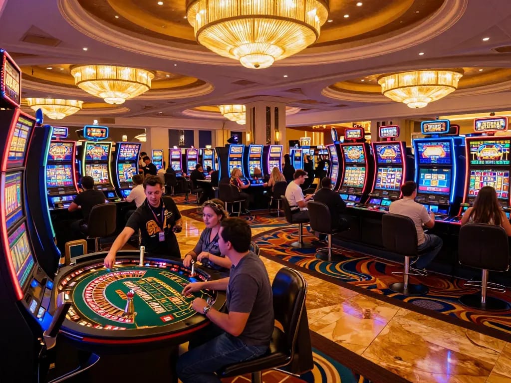 MB66 players engaged in exciting casino action, showcasing vibrant slot machines and roulette table