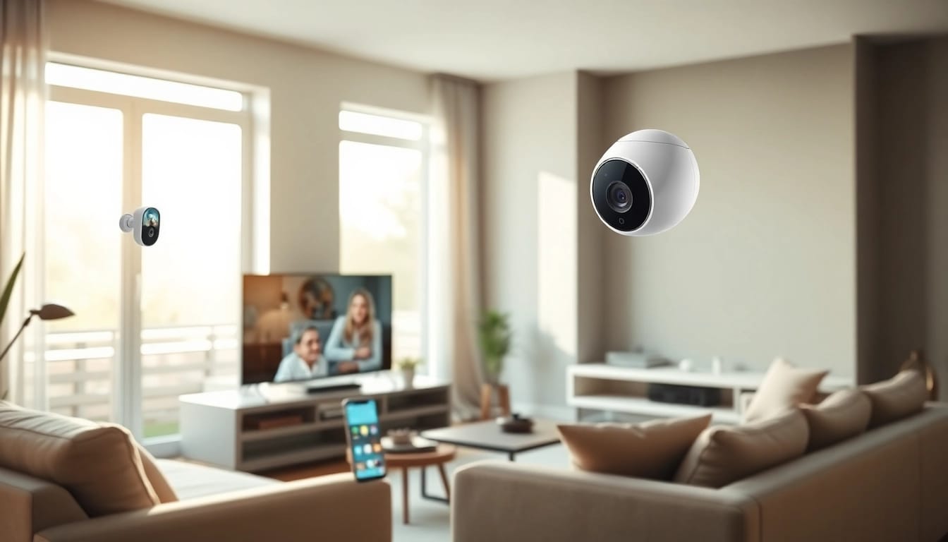 Cámaras Ezviz mejorando la seguridad del hogar en una elegante sala de estar.