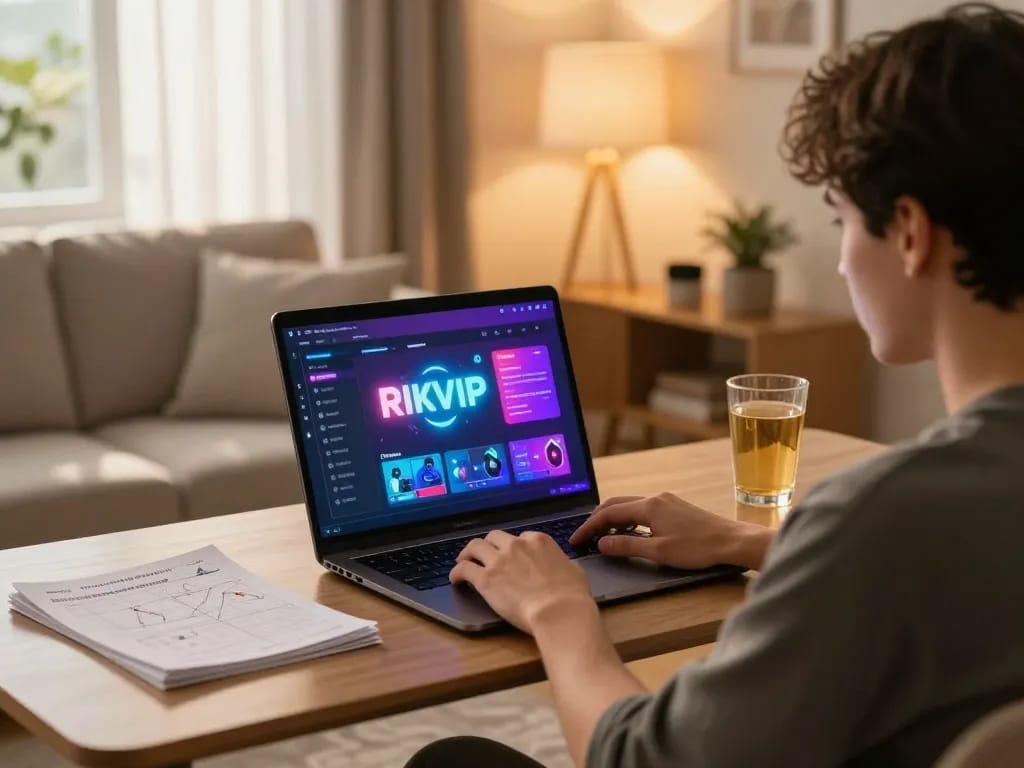 Engaged player accessing the RIKVIP online casino interface with strategy notes visible.