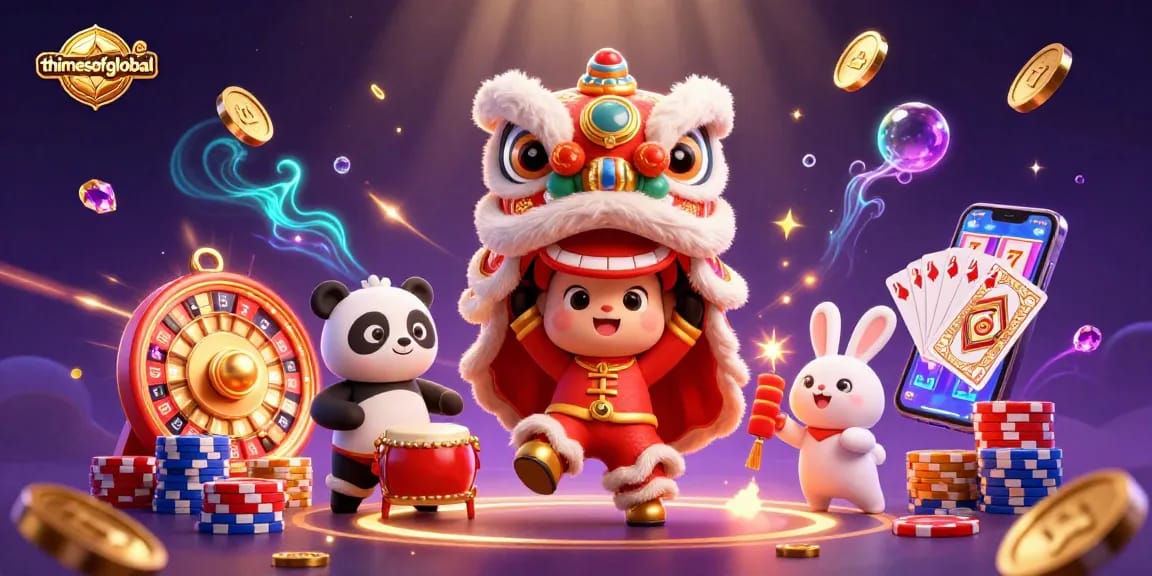 Thetimesofglobal showcases a vibrant 3D lion dance scene celebrating casino wins with coins and gemstones.