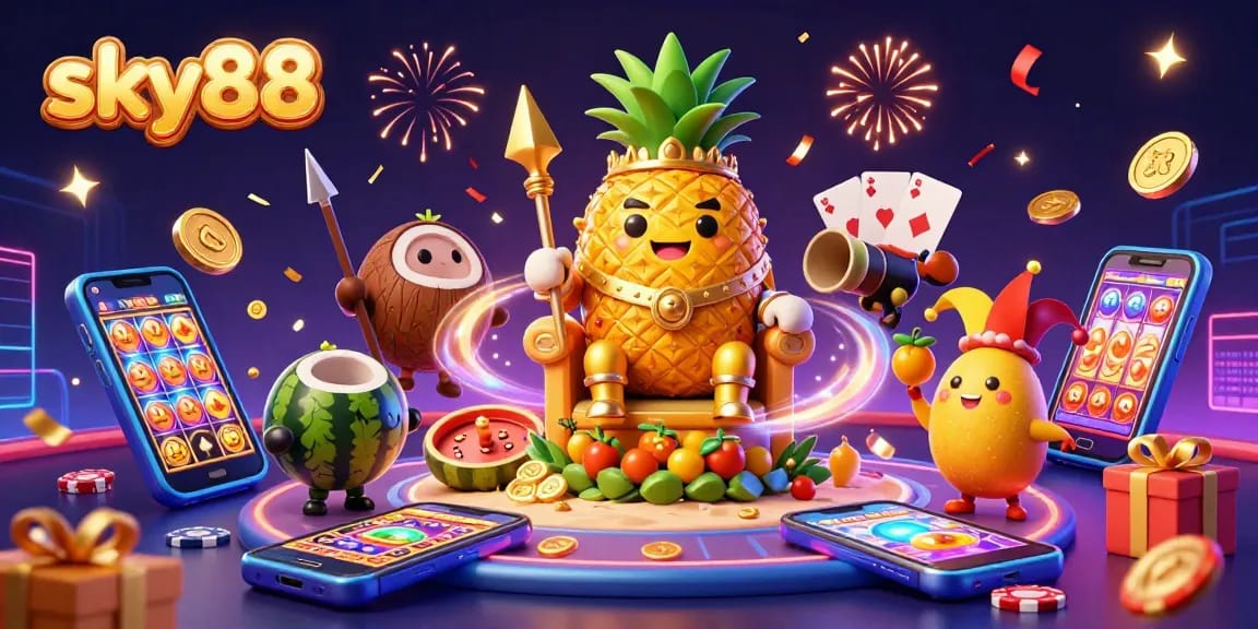 Experience exciting gaming with sky88's vibrant and engaging casino scene featuring the pineapple king.