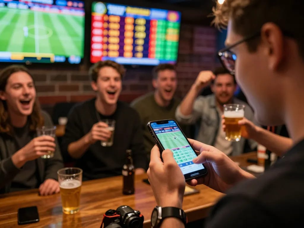 Soi kèo nhà cái action with friends engaged in live sports betting, cheering and using a smartphone.