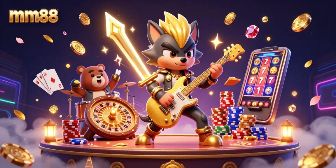 Experience gaming excitement with mm88, featuring a rock star wolf and casino elements.