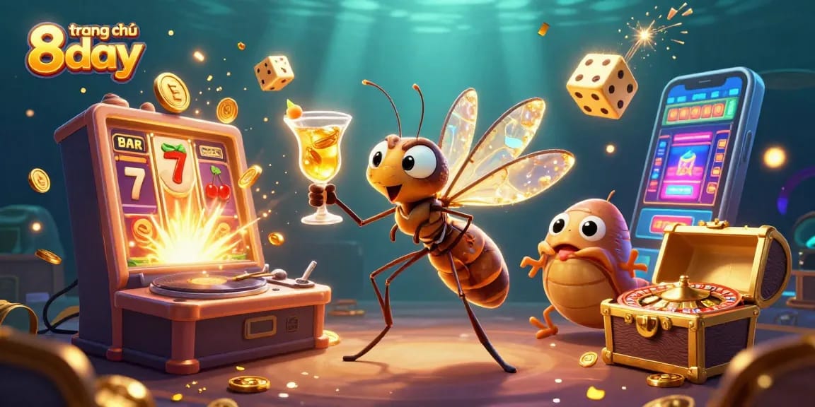Join the action at trang chủ 8day with a vibrant, casino-themed 3D illustration featuring exciting game elements.
