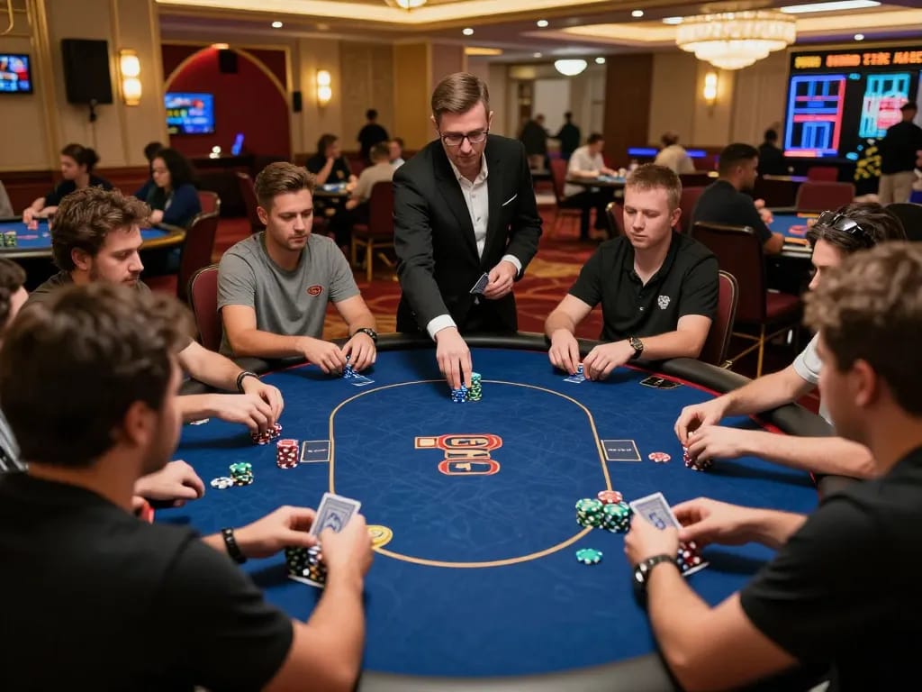 Players engaged in a strategic j88 poker game at a vibrant casino table, chips stacked high.