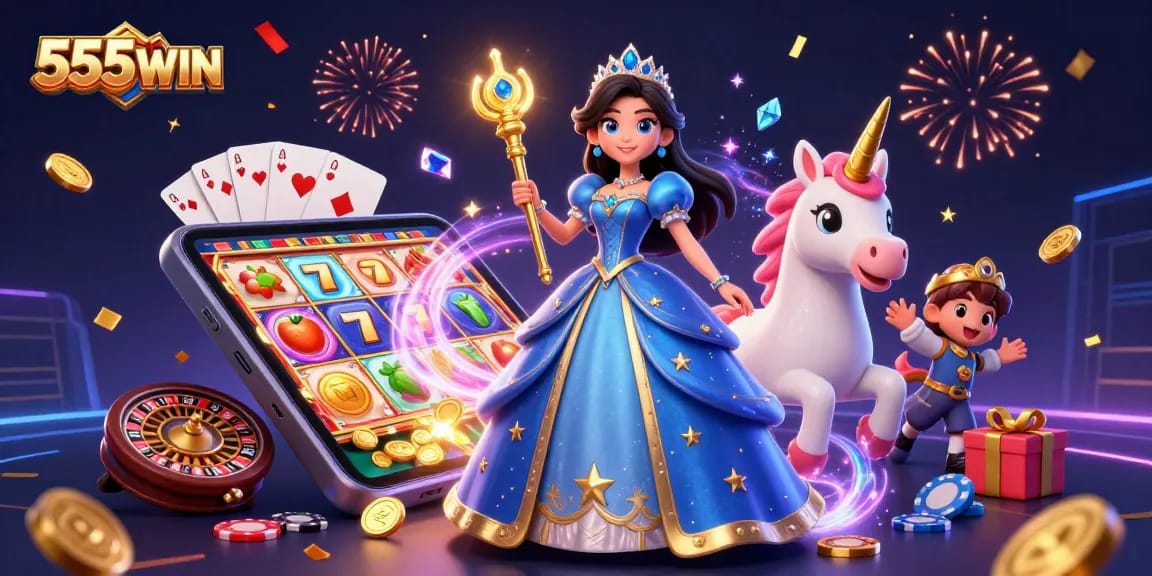 Engage in thrilling gameplay at 555WIN featuring vibrant slot games, falling coins, and magical elements.