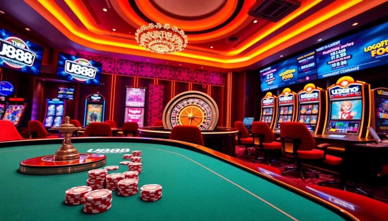 U888 live dealer table with poker chips and a spinning roulette wheel, showcasing online gambling excitement.