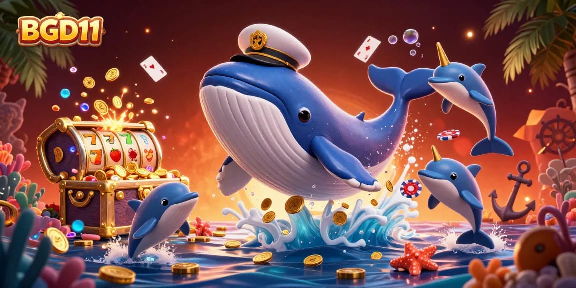 BGD11 features a giant whale and playful dolphins in a rich, dynamic casino-themed underwater scene.
