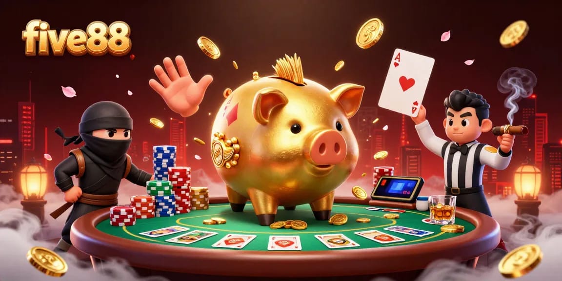 Engage in thrilling bets at five88 with a dynamic 3D illustration of a golden piggy bank sumo wrestler.