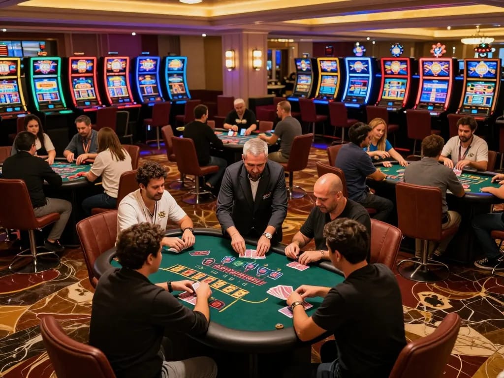 Players engaged in high-stakes gameplay at SC88 casino tables, with dynamic action and warmth of the casino atmosphere.
