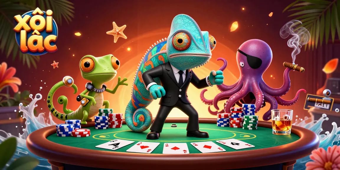 Xôi lạc showcases a dynamic poker scene with colorful chips and characters engaging in a game.