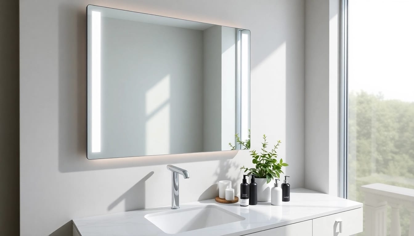 Reflecting light beautifully, this elegant bathroom mirror enhances a luxurious modern bathroom.