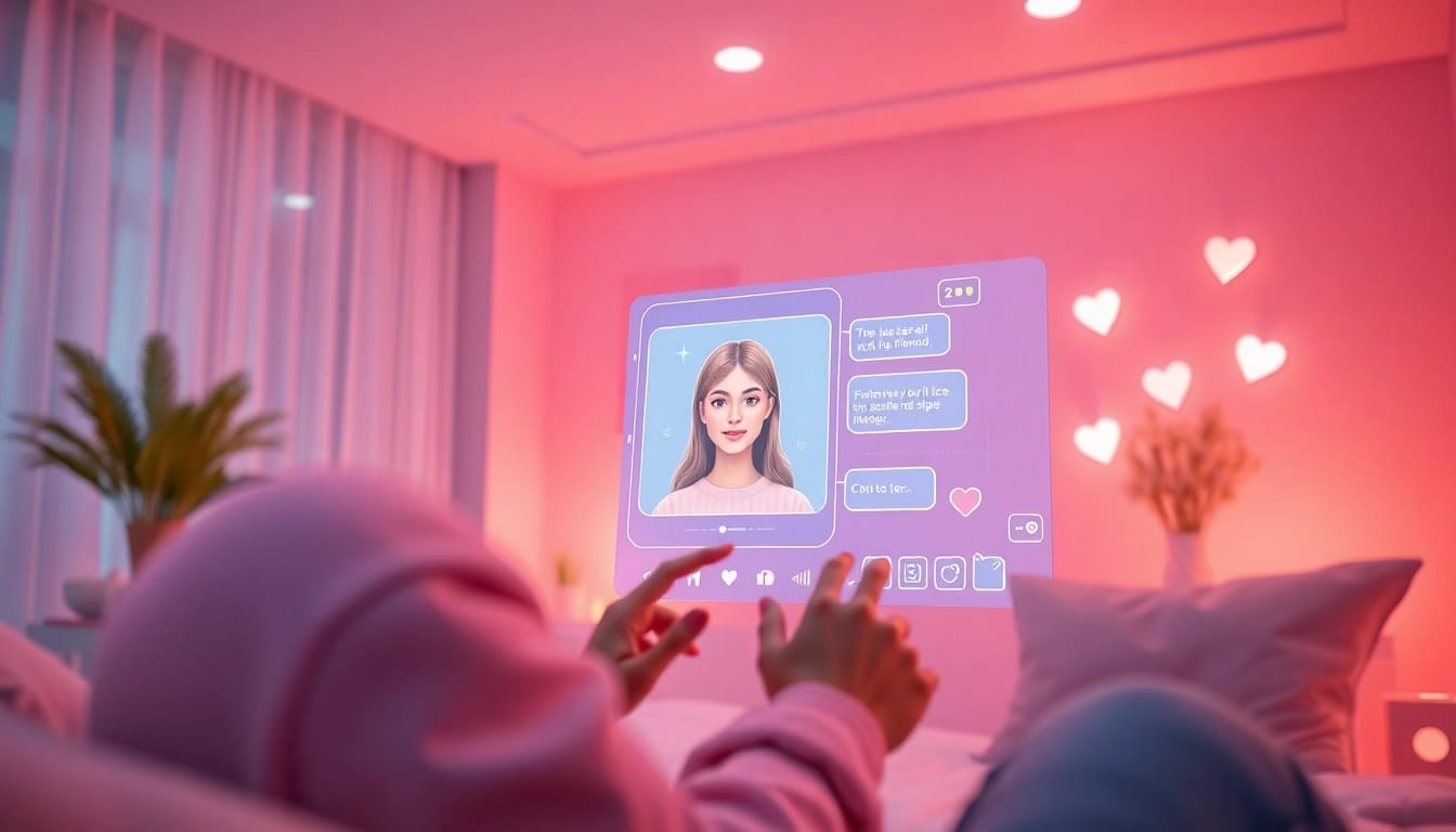 An engaging AI gf interaction scene showcasing a user connecting with their virtual girlfriend in a cozy, modern digital environment.