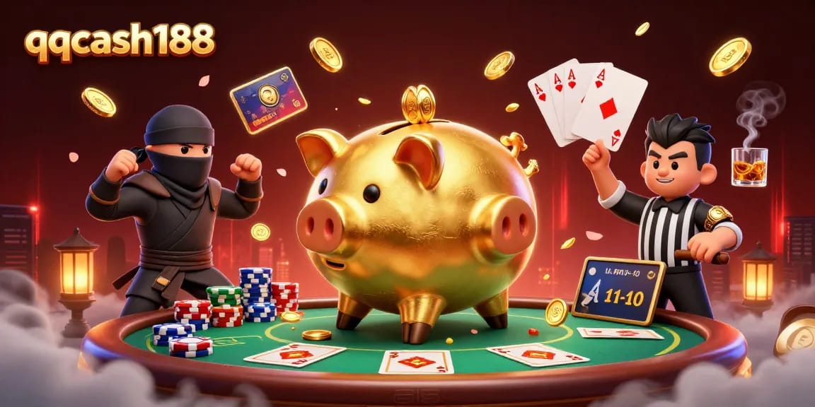 Engage with qqcash188's dynamic casino scene featuring a golden piggy bank sumo wrestler.