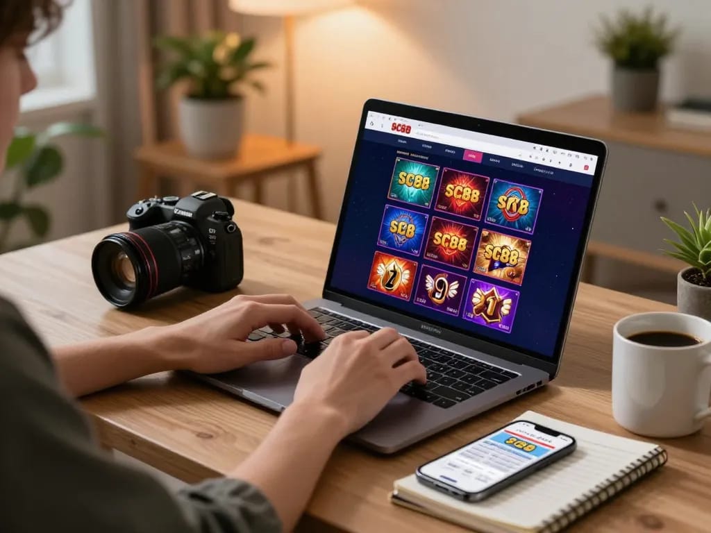 Player enjoying SC88 online casino gaming experience at home with strategic notes.