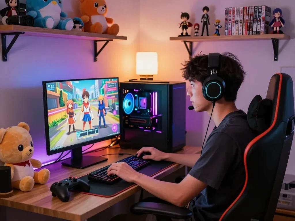Engaged gamer playing a vibrant hentai game in a cozy bedroom setup with anime decor.