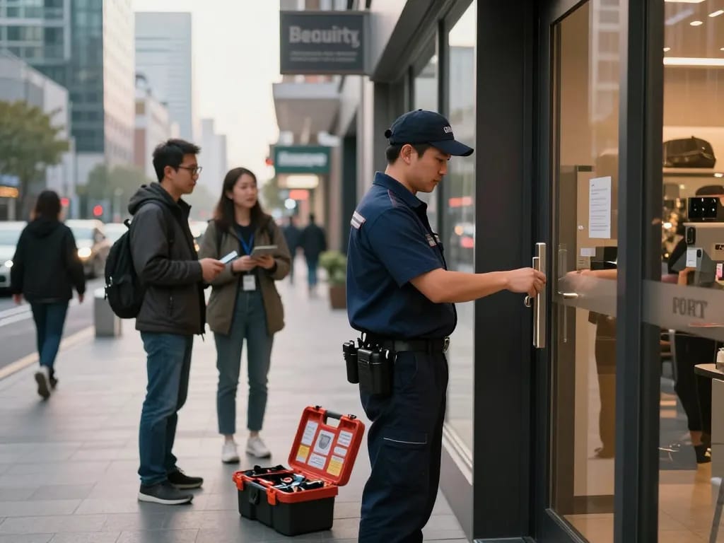 Locksmith inspecting a commercial lock, showcasing expert services to visit website for security solutions.
