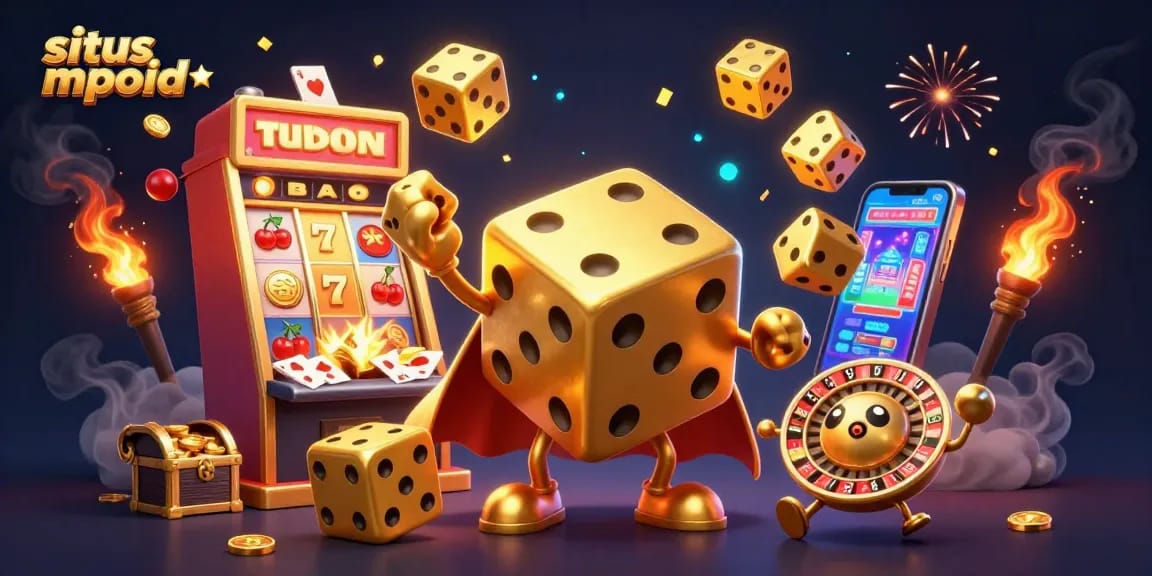 Experience situs mpoid with a vibrant 3D scene showcasing dynamic golden dice and thrilling jackpots.