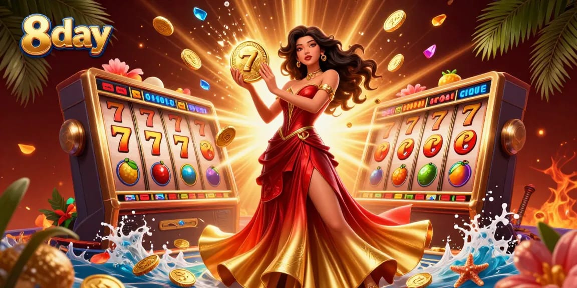 Experience the thrill of winning at 8 day casino with dynamic slot elements and golden coins raining down.