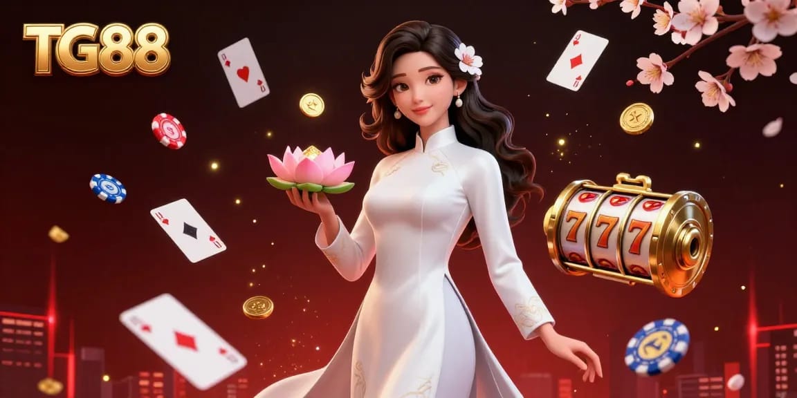 Experience thrilling gameplay at TG88 with a photorealistic Asian woman surrounded by vibrant casino elements promoting winning strategies.