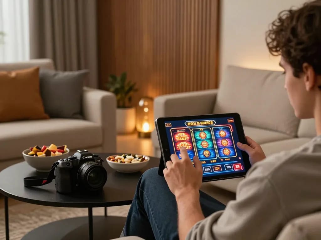 Engaging gaming moment at home using GO88 on a tablet with snacks and warm decor.