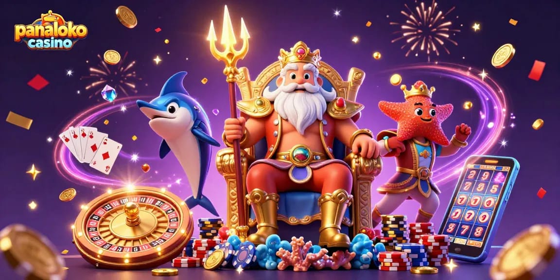 Engage in exciting gameplay at panaloko casino with vibrant 3D scene featuring Neptune and gaming elements.