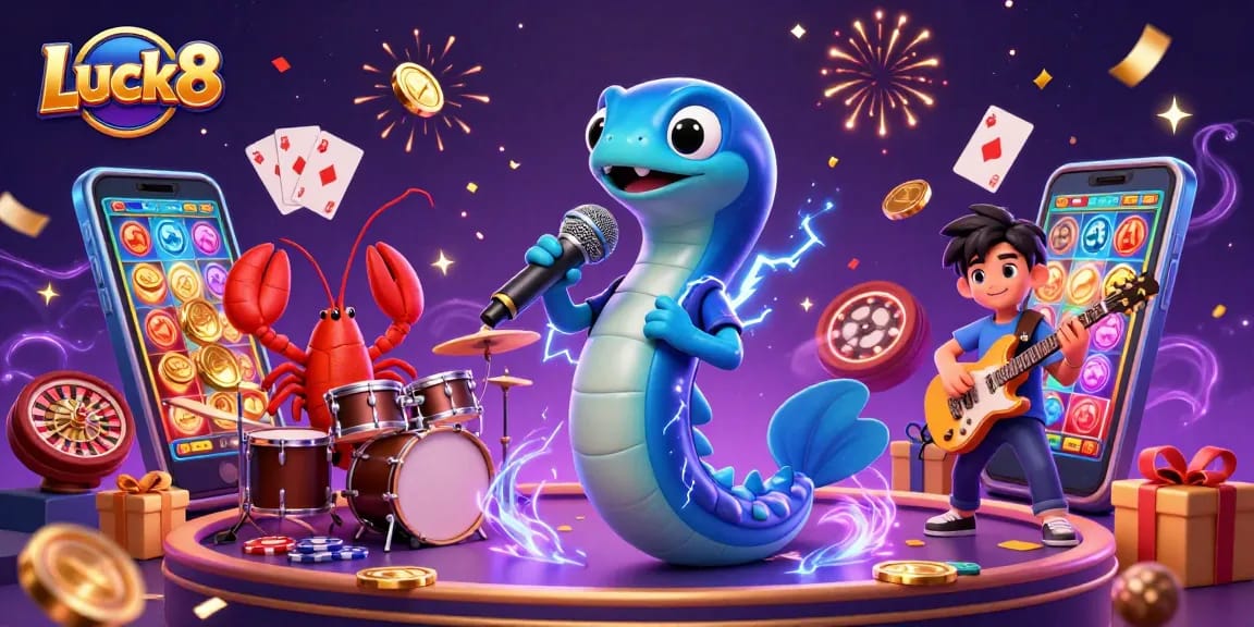 Experience the vivid underwater casino vibes with Luck8 featuring an electric eel DJ and dynamic gaming elements.